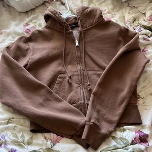 Brown Crystal Cropped Hoodie Jacket